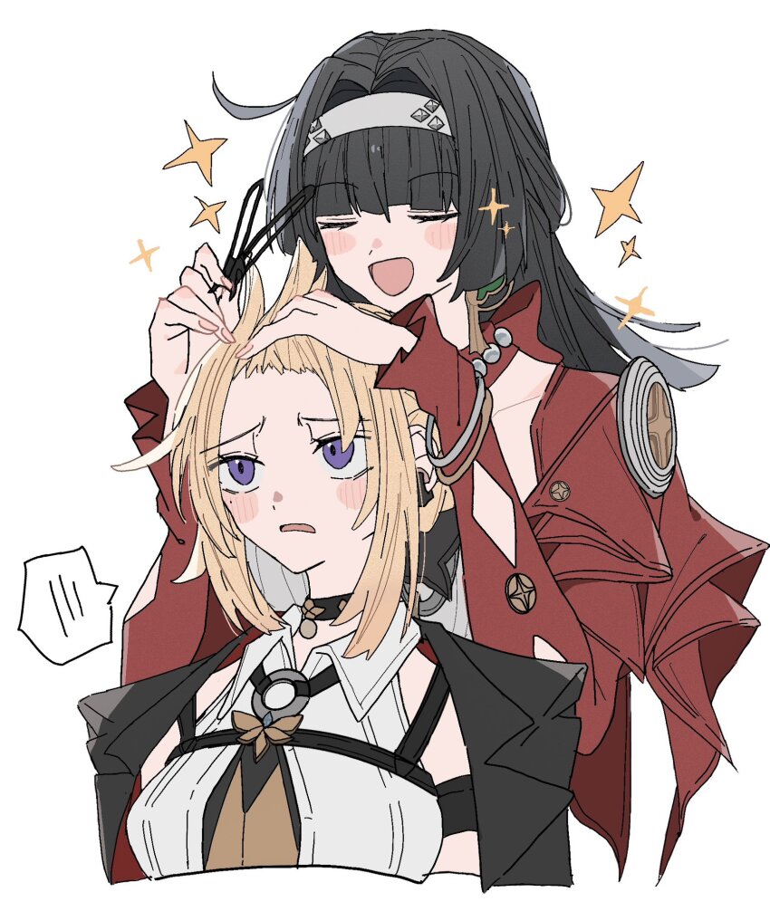 2girls, astra_yao, black_hair, blonde_hair, blush, cropped_torso, earrings, evelyn_chevalier