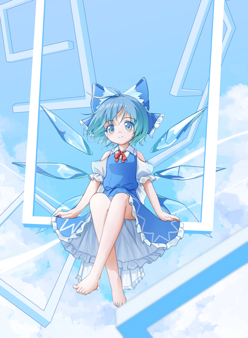 1girl, absurdres, blue_bow, blue_dress, blue_eyes, blue_hair, blue_sky, bow