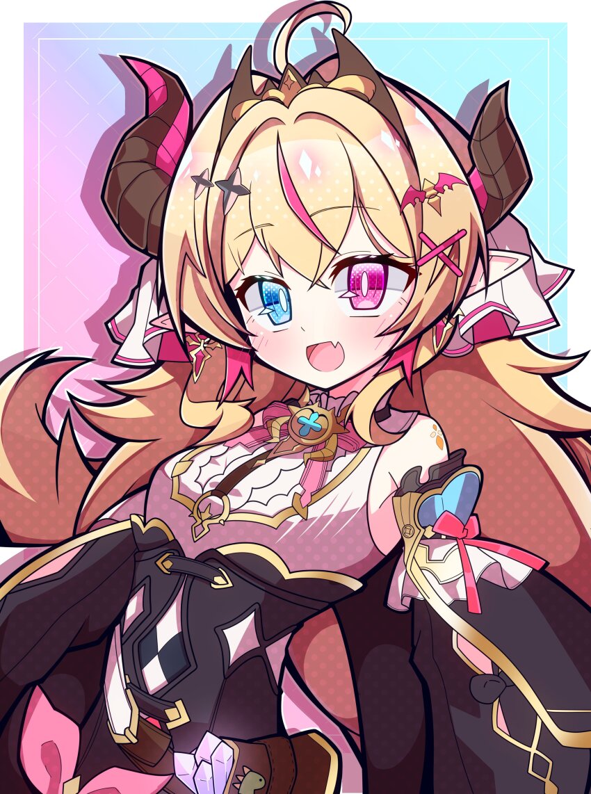 1girl, :d, absurdres, ahoge, aijiro83, black_sleeves, blonde_hair, blue_eyes