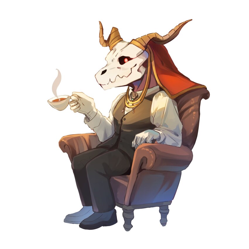 1boy, black_pants, black_shoes, black_vest, chair, commentary, cup, elias_ainsworth