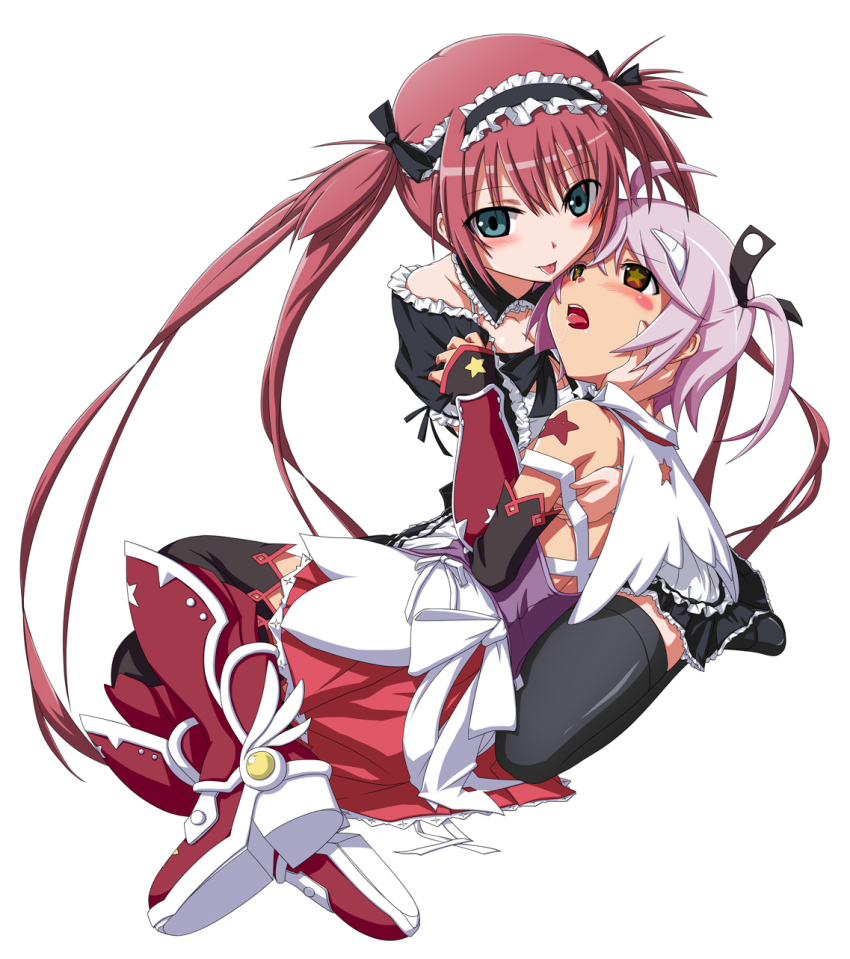 2girls, after_kiss, airi_(queen's_blade), airi_(the_infernal_temptress), black_legwear, boots, cute_(queen's_blade), dress, frills, green_eyes, hairband, highres, kneeling, long_hair, maid, multicolored_eyes, multiple_girls, open_mouth, purple_hair, queen's_blade, queen's_blade_spiral_chaos, red_eyes, red_hair, saliva, saliva_trail, shirosame, short_hair, side_ponytail, smile, star-shaped_pupils, star_(symbol), symbol-shaped_pupils, tattoo, thighhighs, tongue, twintails, yellow_eyes, yuri