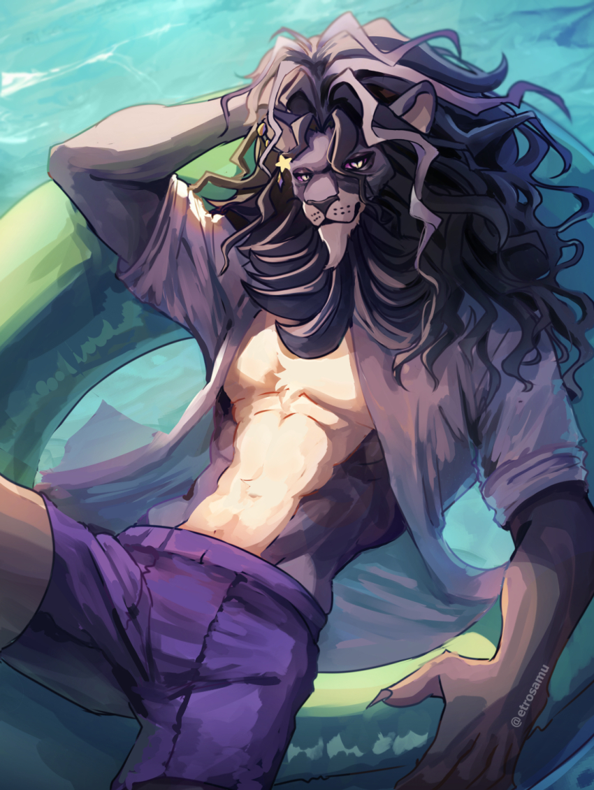 1boy, alolin_(pazuzu)_(dislyte), animal_ears, artist_name, claws, closed_mouth, colored_sclera, commentary