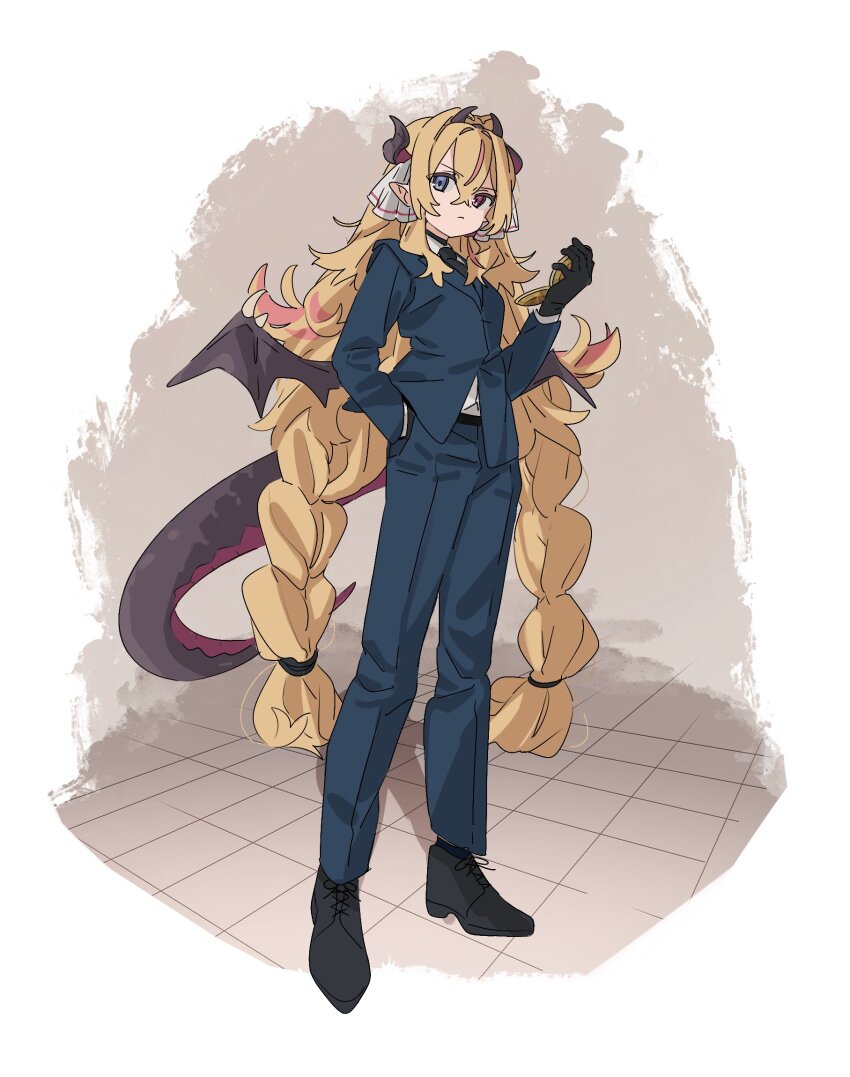 1girl, black_gloves, black_necktie, blonde_hair, blue_eyes, blue_jacket, blue_pants, braid