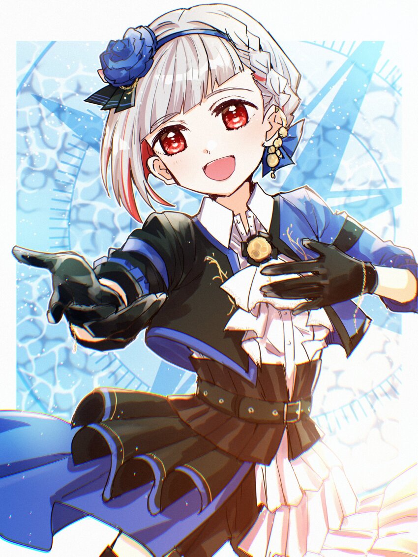 1girl, :d, black_gloves, black_jacket, black_shorts, blue_background, blue_jacket, border