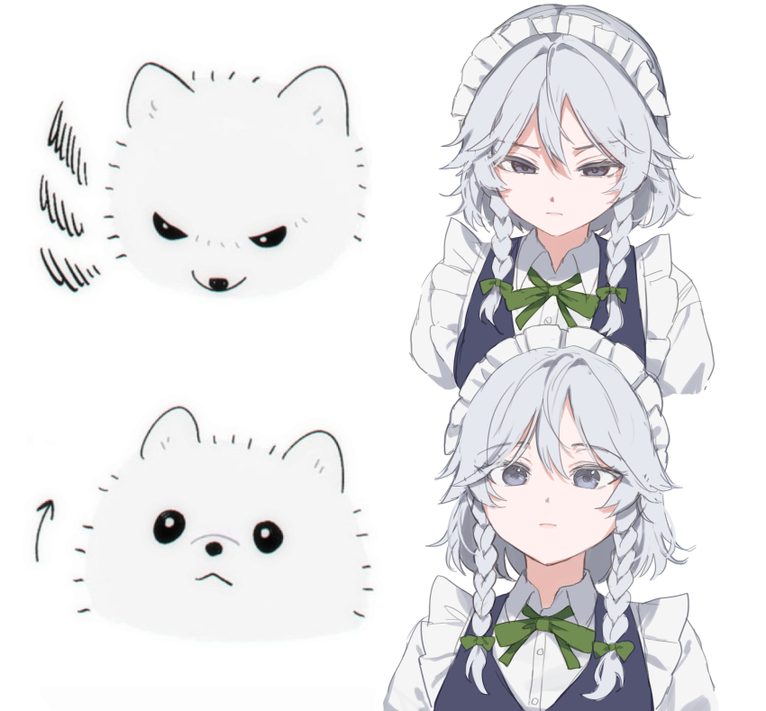 1girl, :|, absurdres, angry, arrow_(symbol), blue_vest, bow, braid