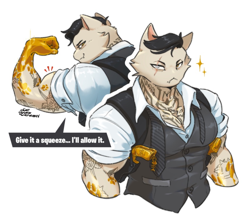 1boy, animal_ears, artist_name, bara, black_hair, cat_boy, cat_ears, catclawcaramel, commentary, english_commentary, fang, flexing, fortnite, furry, furry_male, gun, handgun, highres, holstered, looking_at_viewer, male_focus, meowdas_(fortnite), multiple_views, pectoral_cleavage, pectorals, scar, scar_across_eye, scar_on_face, skin_fang, smile, sparkle, speech_bubble, upper_body, weapon, white_background