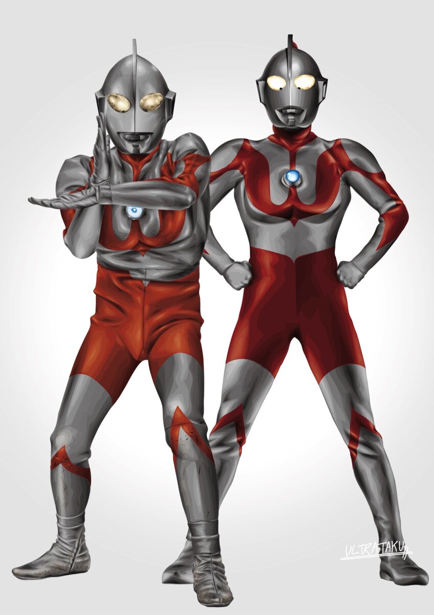 1boy, alien, artist_name, before_and_after, clenched_hands, color_timer, colored_skin, commentary