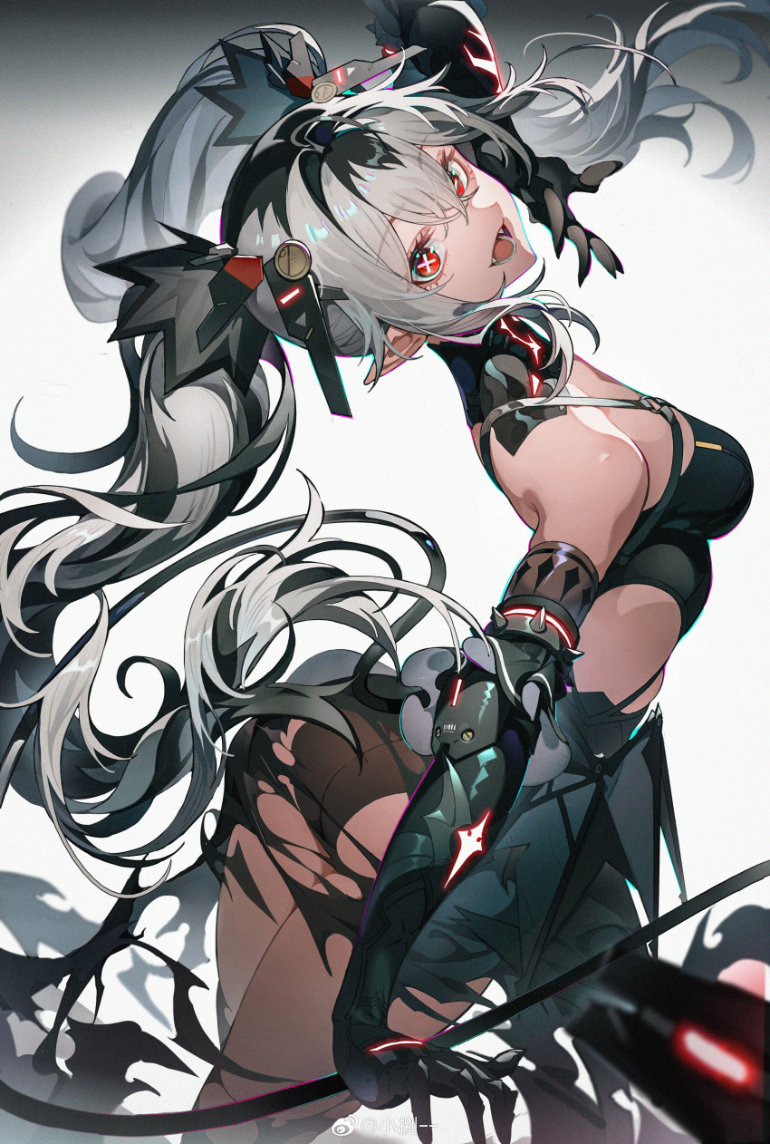 1girl, absurdres, backless_outfit, fangs, hachisan, highres, jetavie:_daybreak_(pgr), jetavie_(pgr), pantyhose, pointy_ears, punishing:_gray_raven, red_eyes, solo, torn_clothes, torn_pantyhose, twintails, watermark, weibo_watermark