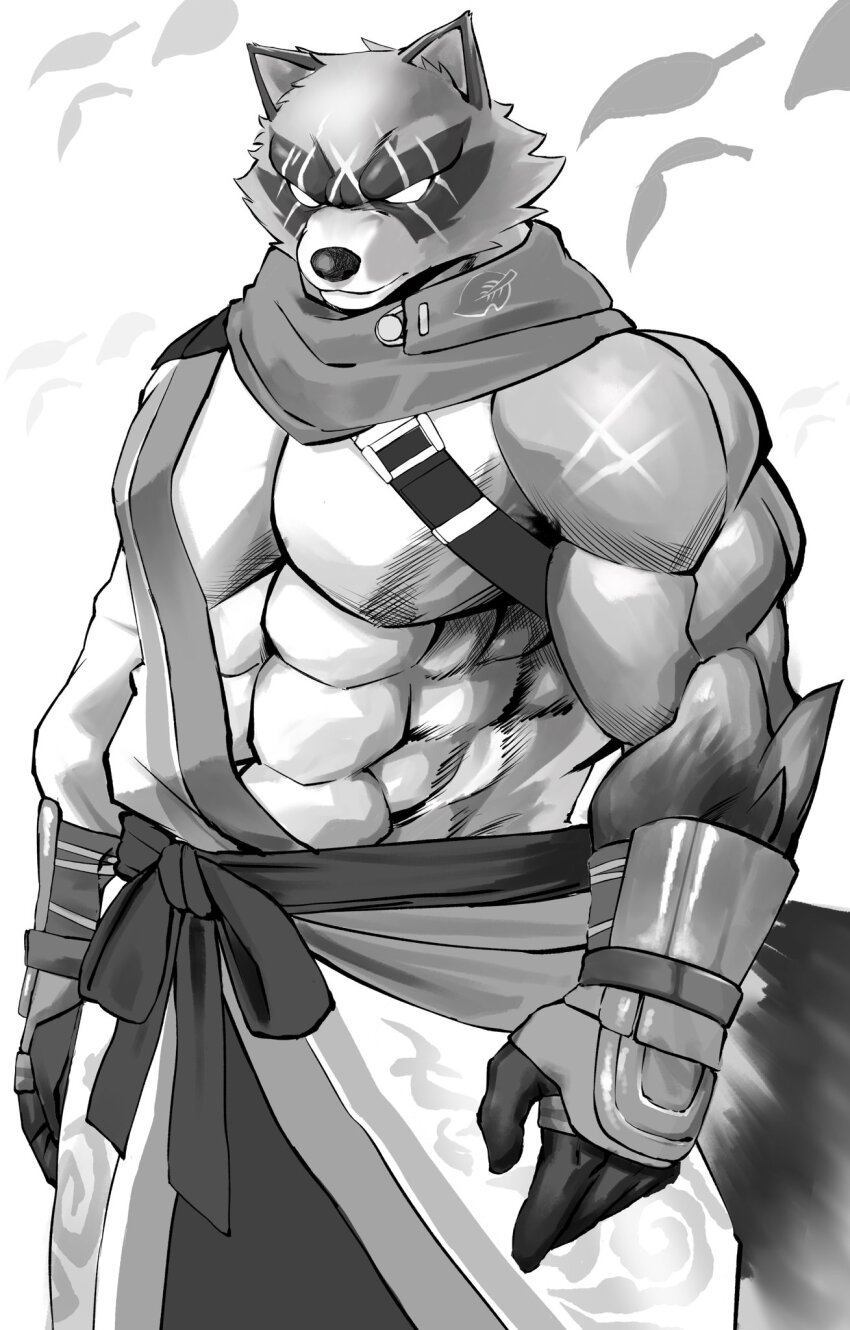 1boy, abs, animal_ears, bara, closed_mouth, commentary, cross_scar, english_commentary