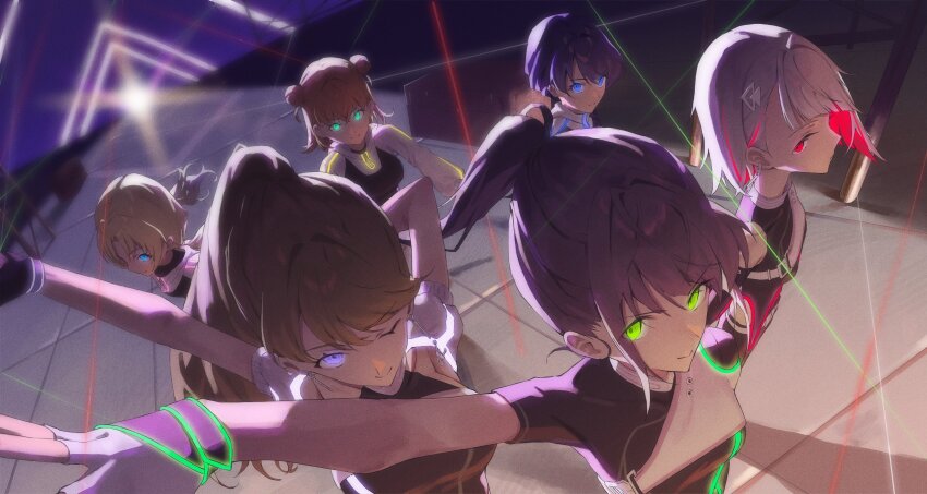 6+girls, ;), absurdres, black_gloves, black_shirt, blonde_hair, blue_eyes, bob_cut