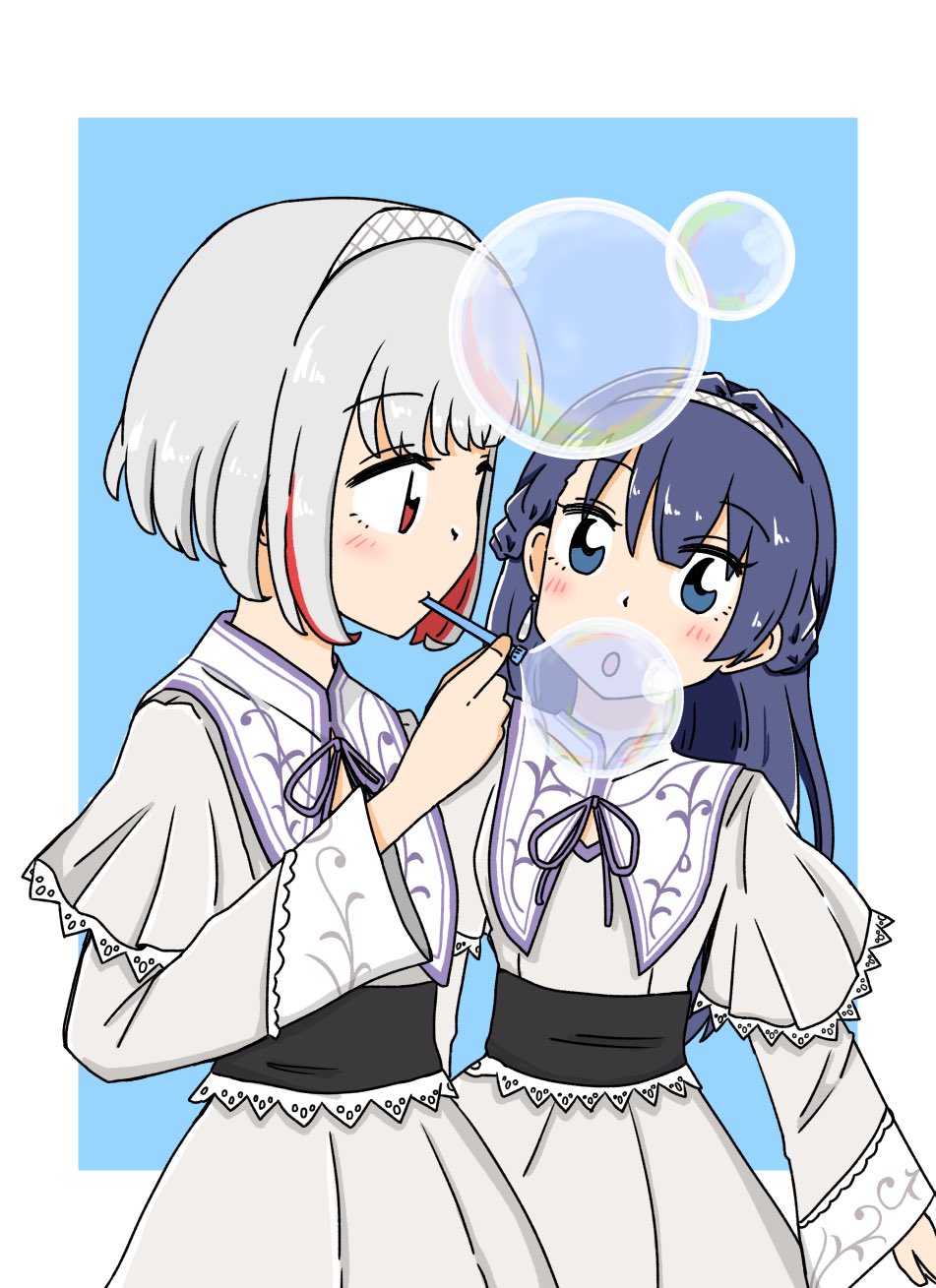 2girls, ao_to_shabon, blowing_bubbles, blue_background, blue_eyes, blue_hair, blush, bob_cut, border, bubble_pipe, colored_inner_hair, commentary, cowboy_shot, dollchestra, dress, grey_dress, grey_hair, hair_intakes, hairband, highres, inverted_bob, layered_sleeves, link!_like!_love_live!, long_hair, long_sleeves, love_live!, multicolored_hair, multiple_girls, murano_sayaka, neck_ribbon, official_alternate_costume, outside_border, purple_ribbon, red_eyes, red_hair, reonardo, ribbon, short_hair, short_over_long_sleeves, short_sleeves, simple_background, streaked_hair, virtual_youtuber, white_border, white_hairband, yugiri_tsuzuri