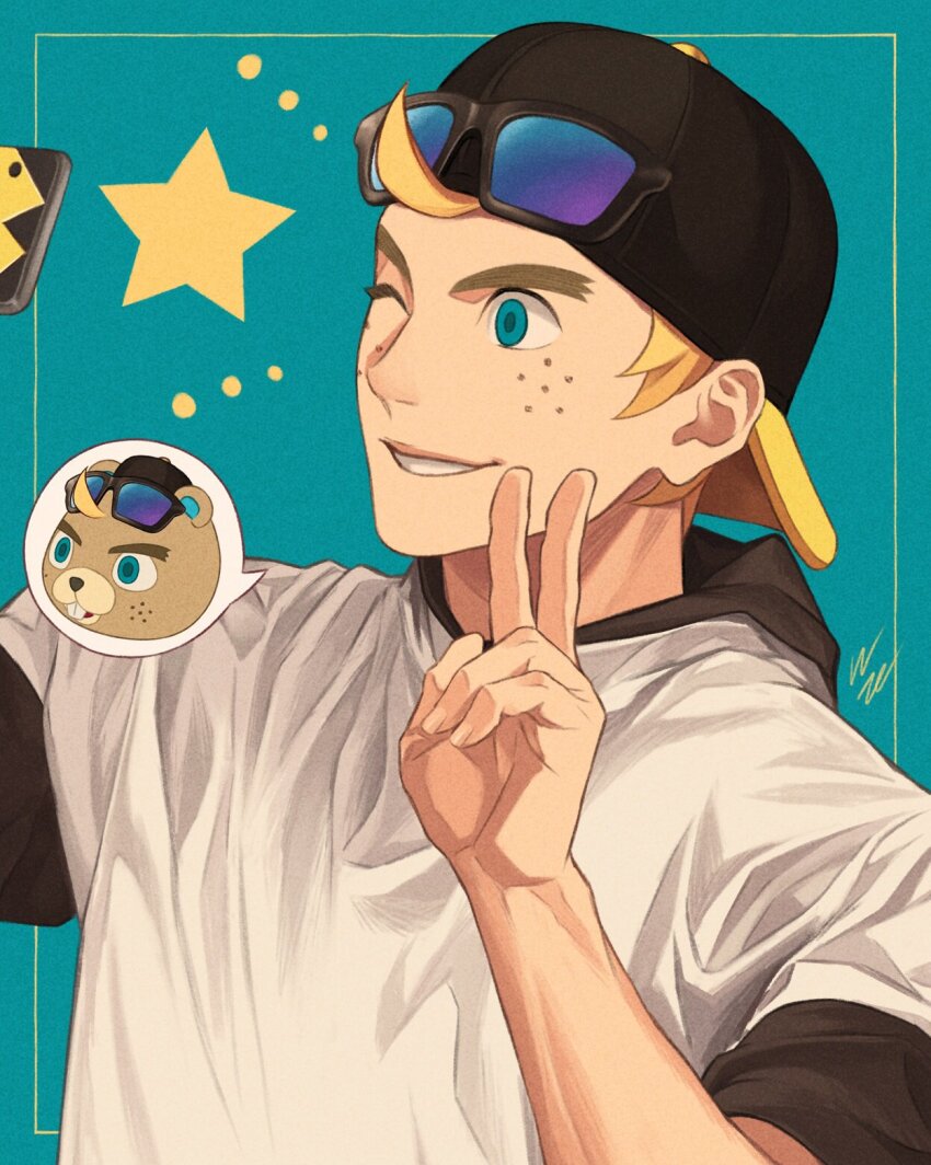 1boy, animal_crossing, animal_crossing:_new_horizons, aqua_eyes, arm_up, backwards_hat, baseball_cap, beaver_boy