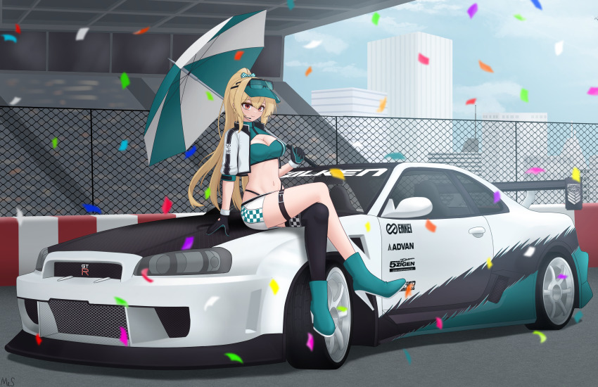1girl, absurdres, blonde_hair, boots, breasts, car, chain-link_fence, confetti