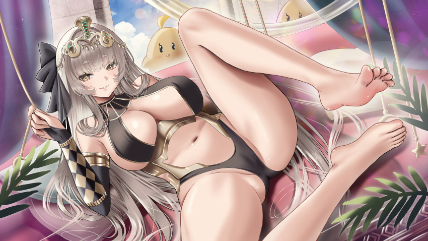 1girl, absurdres, ancient_egyptian_clothes, arm_up, azur_lane, bare_shoulders, bartolomeo_colleoni_(azur_lane), bartolomeo_colleoni_(the_empress'_romantic_ambush)_(azur_lane)