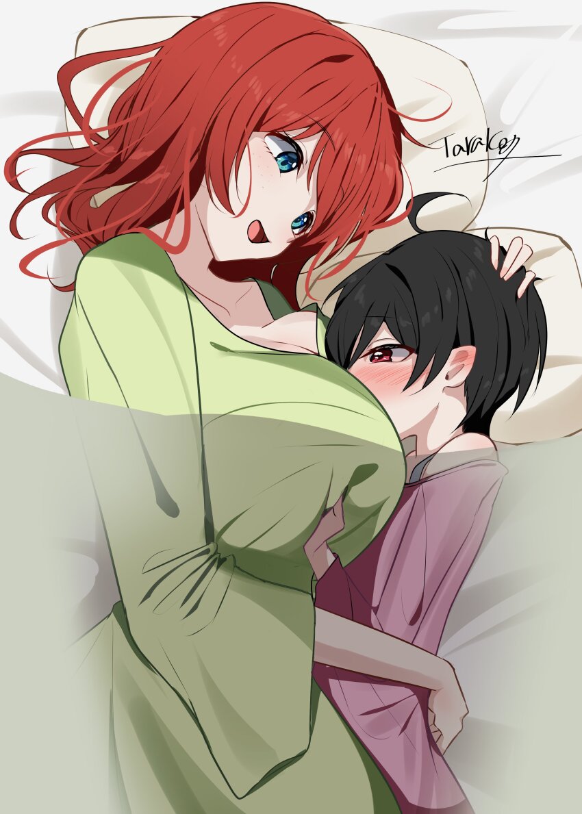 1boy, 1girl, absurdres, age_difference, ahoge, aqua_eyes, artist_name, bed, between_breasts, black_hair, blush, breasts, brown_hair, cleavage, dress, embarrassed, emma_verde, face_between_breasts, green_dress, hand_on_another's_head, head_between_breasts, head_on_pillow, highres, hug, large_breasts, long_sleeves, love_live!, love_live!_nijigasaki_high_school_idol_club, love_live!_school_idol_project, on_bed, onee-shota, open_mouth, pajamas, pillow, pink_shirt, red_eyes, shirt, smile, tarakon, yazawa_cotaro