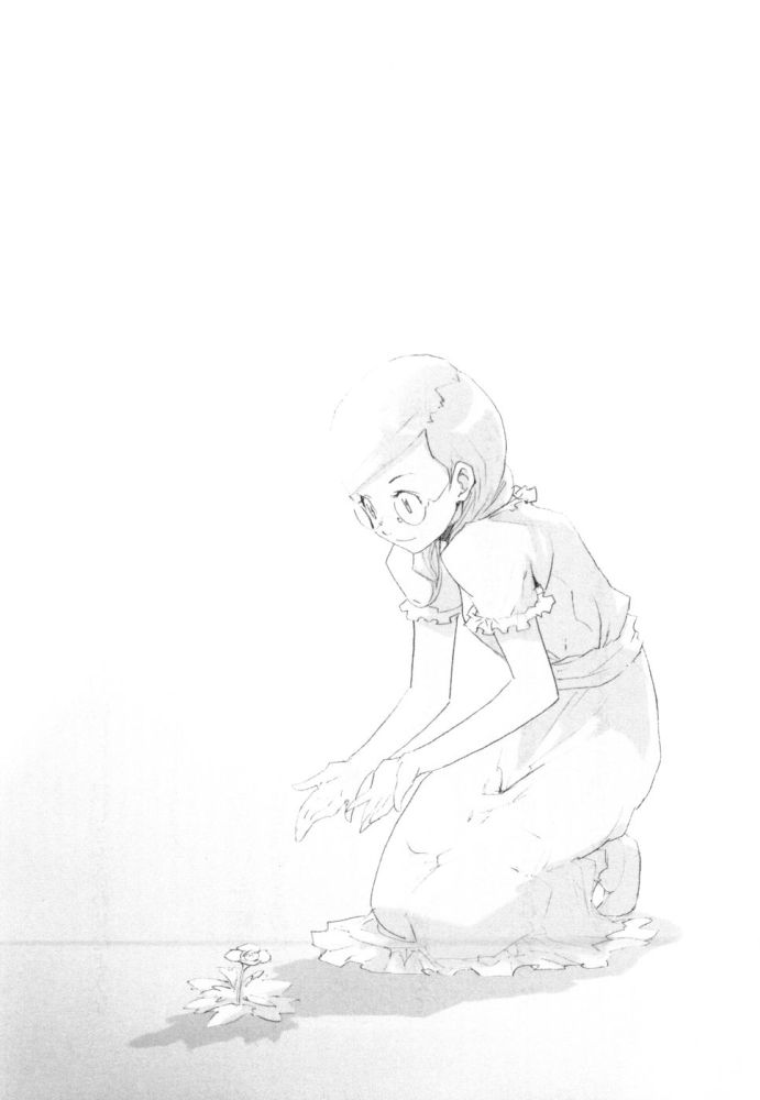 dress, enami_katsumi, flower, glasses, greyscale, kneeling, monochrome, official_art