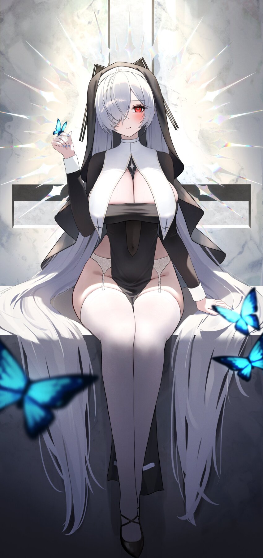 1girl, absurdres, alternate_costume, arm_support, black_dress, black_shoes, black_veil, blue_butterfly