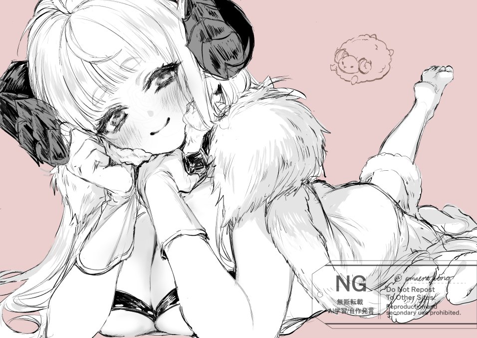 1girl, anila_(granblue_fantasy), barefoot, blush, breasts, cleavage, draph, granblue_fantasy, greyscale, horns, large_breasts, lying, monochrome, on_stomach, pink_background, rakko-chan_genkou-chuu, sheep_girl, sheep_horns, simple_background, soles, solo