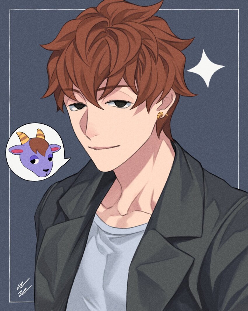 1boy, animal_crossing, black_eyes, black_jacket, border, brown_hair, collarbone, crew_neck, diamond_(shape), earrings, goat_boy, grey_background, hair_between_eyes, highres, horns, humanization, image_in_speech_bubble, jacket, jewelry, kidd_(animal_crossing), lapels, looking_to_the_side, male_focus, nintendo, notched_lapels, open_clothes, open_jacket, parted_lips, piercing, shirt, sideways_glance, signature, smile, solo, speech_bubble, stud_earrings, suit_jacket, upper_body, white_shirt, wozue