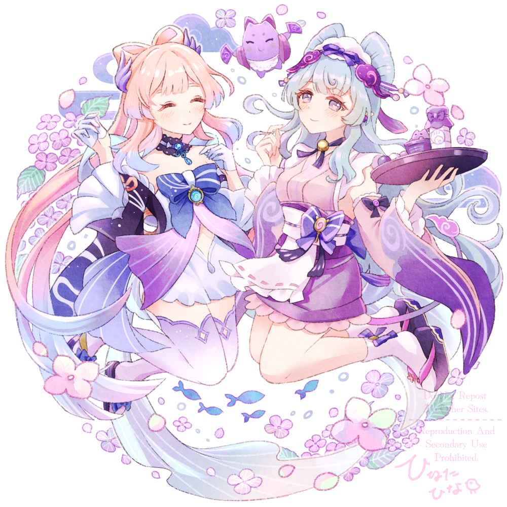 2girls, ^_^, blue_gem, blue_hair, blush, bow-shaped_hair, closed_eyes, closed_mouth