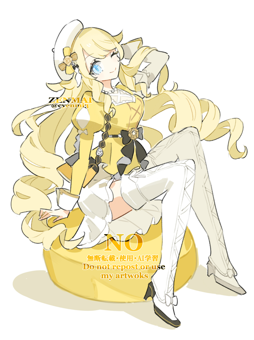 1girl, arm_behind_head, beret, blonde_hair, blue_eyes, boots, closed_mouth, drill_hair, drill_sidelocks, full_body, genshin_impact, hat, high_heel_boots, high_heels, highres, long_sleeves, looking_at_viewer, navia_(bacchus_taste_jelly)_(genshin_impact), navia_(genshin_impact), official_alternate_costume, one_eye_closed, shirt, sidelocks, simple_background, sitting, skirt, smile, solo, thigh_boots, twitter_username, white_background, white_boots, white_hat, white_skirt, yellow_shirt, zenmai_(cyenmi3)