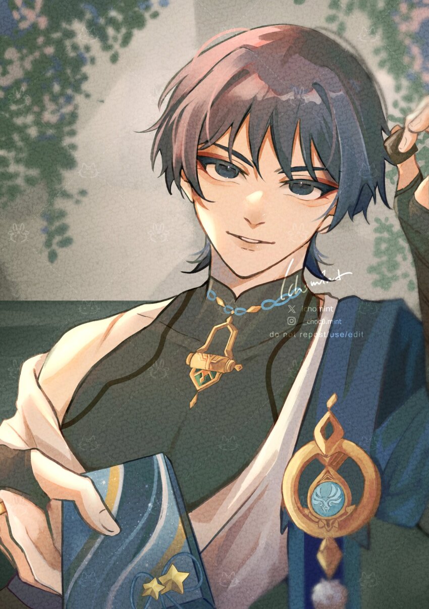 1boy, anemo_symbol_(genshin_impact), armor, black_bodysuit, black_eyes, black_hair, blue_cape, bodysuit