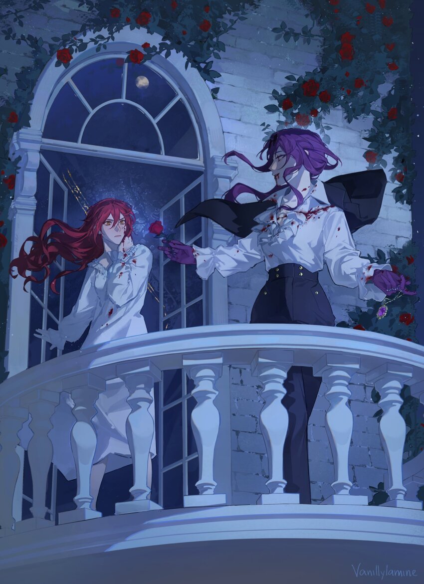 2girls, balcony, black_pants, blood, blood_from_neck, flower, highres, himeko_(honkai:_star_rail)