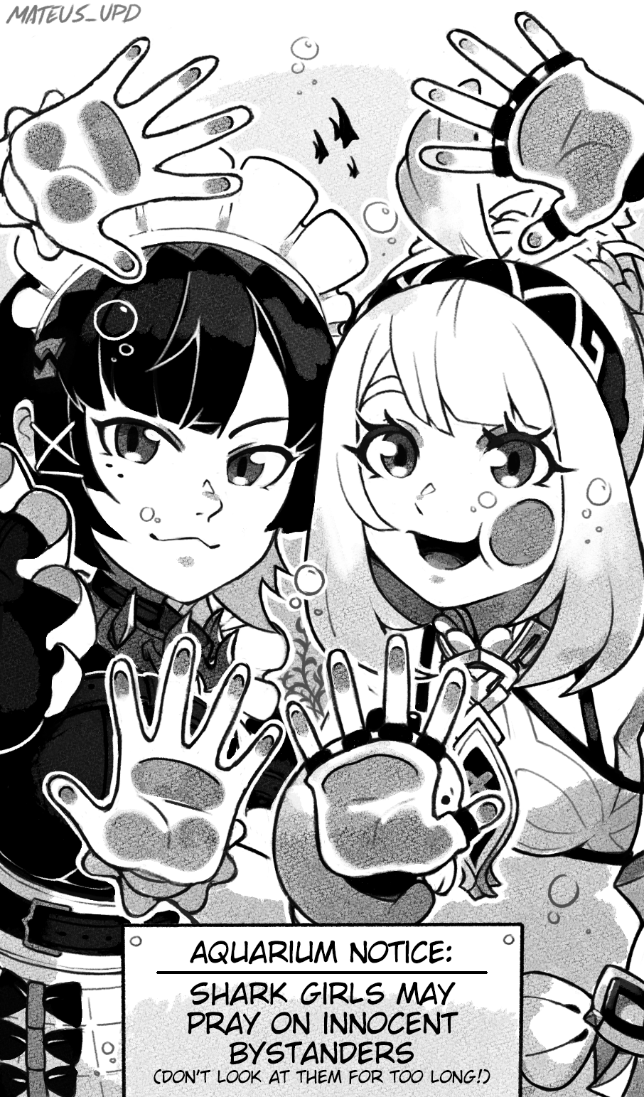 against_glass, apron, aquarium, bubble, cheek_squash, ellen_joe, english_text, fish, gacha_(lunime), genshin_impact, gloves, hand_on_glass, head_ornament, highres, looking_at_viewer, maid_apron, mateus_upd, mualani_(genshin_impact), shark_girl, short_hair, zenless_zone_zero