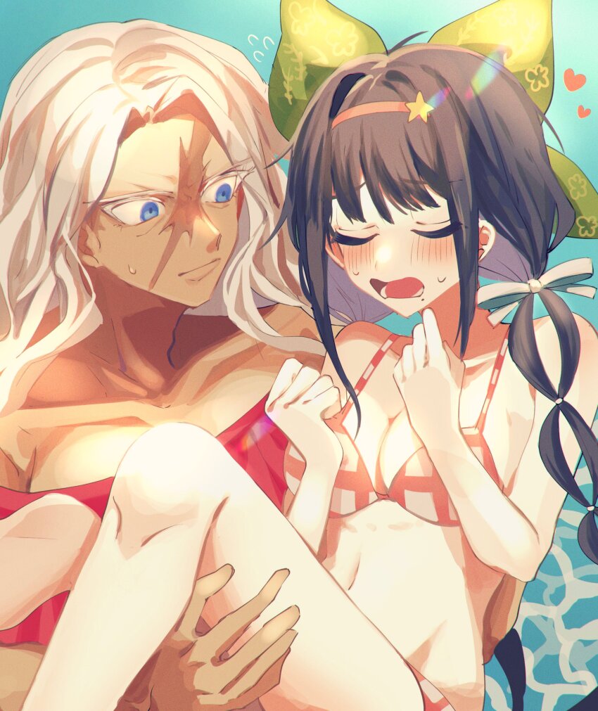 2girls, absurdres, bikini, black_hair, blue_eyes, breasts, carrying, chabashira_tenko