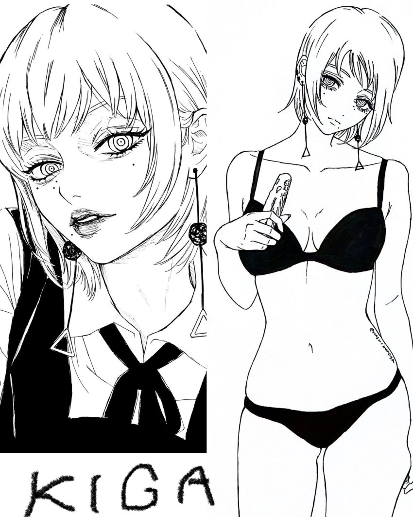 1girl, artist_name, black_bra, black_panties, bra, breasts, chainsaw_man, earrings, fami_(chainsaw_man), fourth_east_high_school_uniform, guillotine_devil_(chainsaw_man), highres, holding, jewelry, looking_at_viewer, maruimonoga, medium_breasts, medium_hair, mole, mole_under_eye, mole_under_mouth, multiple_moles, navel, panties, ringed_eyes, school_uniform, tassel, tassel_earrings, teeth, underwear, white_background