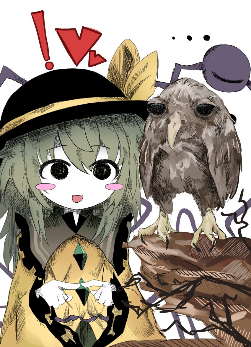 !, 1girl, absurdres, beak, bird, black_eyes, black_hat, blush_stickers
