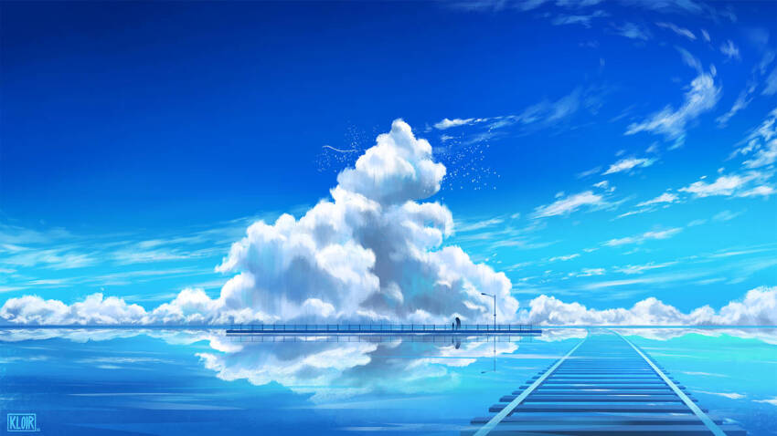 1boy, 1girl, 1other, bird, blue_sky, cloud, commentary, dragon, eastern_dragon, english_commentary, flock, haku_(sen_to_chihiro_no_kamikakushi), horizon, kaonashi, kloir, lamppost, ogino_chihiro, painterly, platform, railing, railroad_tracks, reflection, reflective_liquid, scenery, sen_to_chihiro_no_kamikakushi, sky, wind