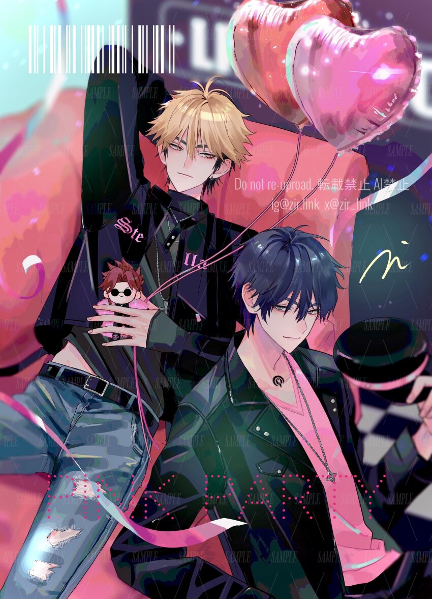 2boys, absurdres, artist_name, balloon, barcode, belt, black_hat, black_jacket