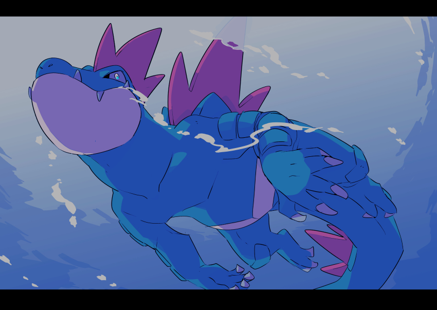 45_(maruyaki45), absurdres, blue_eyes, claws, crocodilian, fangs, feraligatr, full_body, gen_2_pokemon, highres, letterboxed, looking_ahead, nintendo, no_humans, nostrils, pokemon, pokemon_(creature), solo, swimming, tail, underwater, water