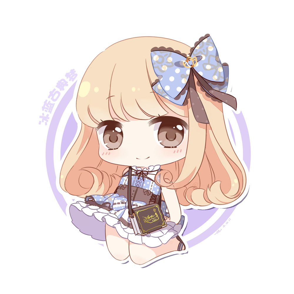 1girl, bag, bar_stool, bare_arms, bare_legs, black_sandals, blonde_hair, blue_bow