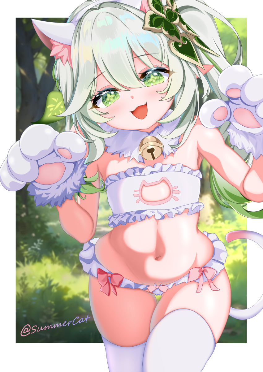 1girl, absurdres, animal_ear_fluff, animal_ears, animal_hands, bell, bra, cat_cutout, cat_ear_panties, cat_ears, cat_girl, cat_lingerie, cat_tail, cleavage_cutout, clothing_cutout, cowboy_shot, cross-shaped_pupils, dream.cat, flat_chest, frilled_bra, frills, genshin_impact, gloves, gradient_hair, green_eyes, green_hair, hair_ornament, highres, jingle_bell, leaf_hair_ornament, loli, long_hair, multicolored_hair, nahida_(genshin_impact), neck_bell, open_mouth, panties, paw_gloves, paw_pose, pointy_ears, side_ponytail, solo, symbol-shaped_pupils, tail, underwear, underwear_only, white_hair