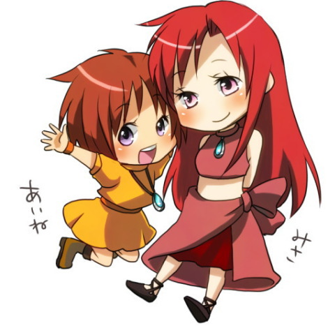 2girls, aine_(hoshi_wo_miru_hito), bare_shoulders, black_shoes, blush, boots, brooch, brown_boots, brown_hair, character_name, chibi, child, closed_mouth, commentary_request, crop_top, eyelashes, happy, hoshi_wo_miru_hito, jewelry, jumping, layered_skirt, long_hair, lowres, medium_skirt, midriff, miniskirt, misa_(hoshi_wo_miru_hito), multiple_girls, necklace, open_mouth, outstretched_arms, pale_skin, pink_eyes, pink_shirt, pink_skirt, pleated_skirt, puffy_short_sleeves, puffy_sleeves, purple_eyes, red_hair, red_skirt, shirt, shoes, short_hair, short_sleeves, simple_background, single_sidelock, size_difference, skirt, skirt_set, sleeveless, sleeveless_shirt, smile, socoo, standing, stargazer_(series), straight_hair, tareme, teeth, upper_teeth_only, white_background, wristband, yellow_shirt, yellow_skirt