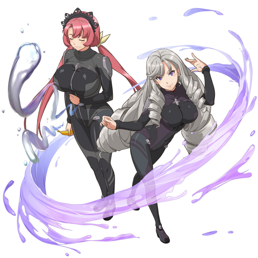 2girls, banana, black_bodysuit, bodysuit, breasts, closed_eyes, drill_hair, food