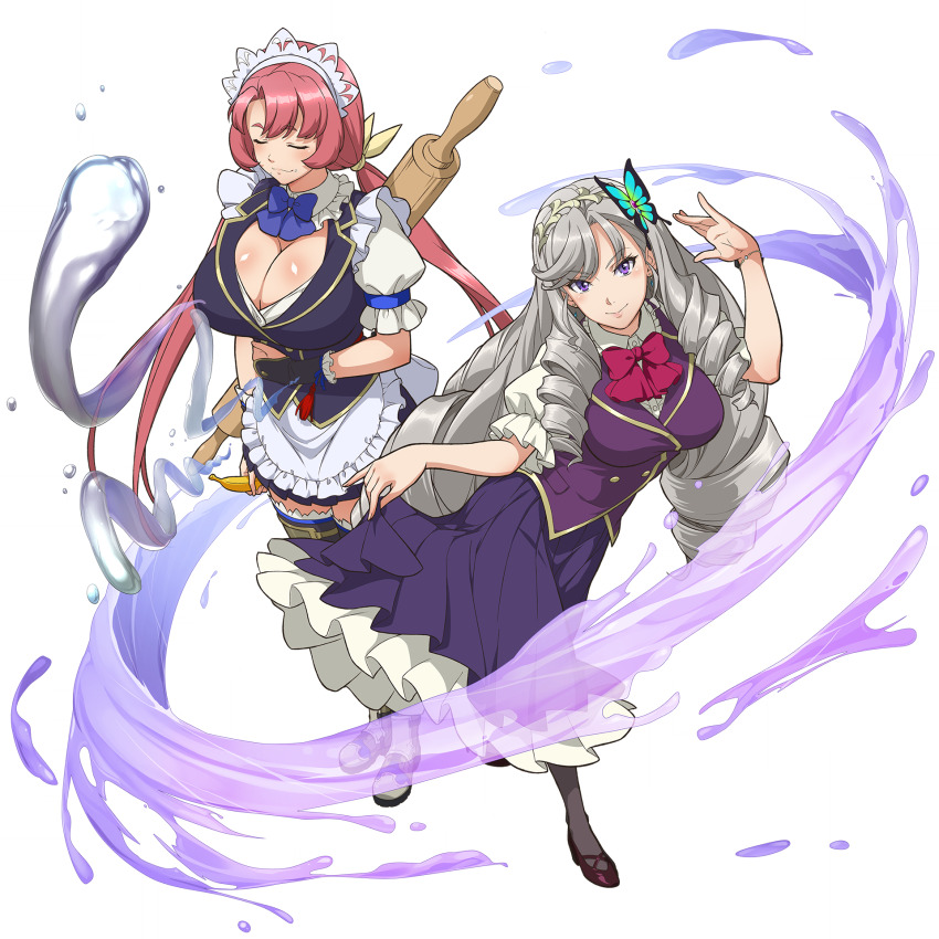 2girls, apron, blazer, bow, bowtie, breasts, butterfly_hair_ornament, cleavage