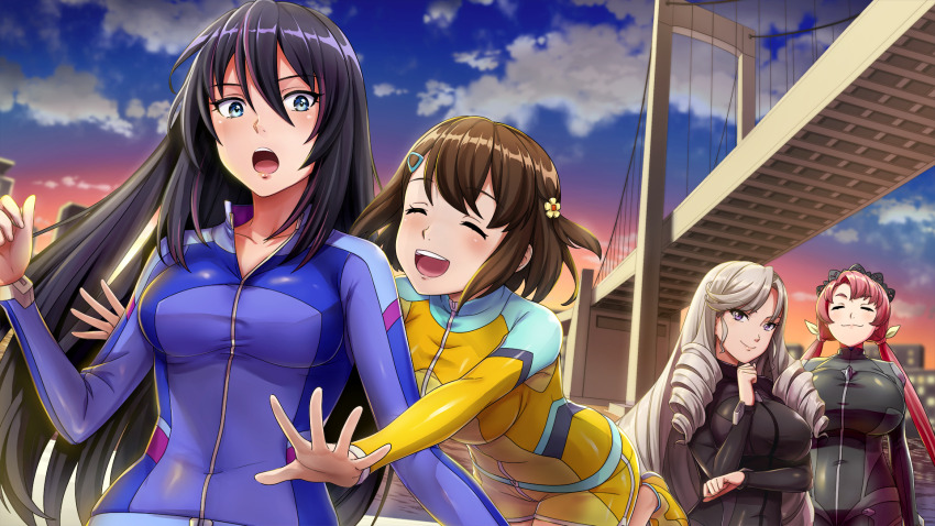 4girls, :3, :o, aoi_misa, arm_under_breasts, black_bodysuit, black_hair, black_headdress