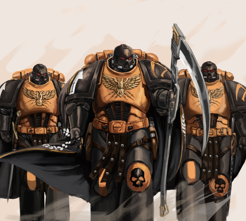 3boys, adeptus_astartes, aquila_(symbol), armor, astartes_(web_animation), cape, helmet, holding