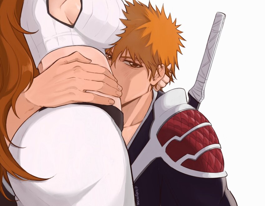 1boy, 1girl, armor, ass, black_kimono, bleach, bleach:_sennen_kessen-hen, blush, breasts, couple, crop_top, dress, hetero, highres, holding, holding_behind_back, holding_sword, holding_sword_behind_back, holding_weapon, holding_weapon_behind_back, hug, inoue_orihime, japanese_clothes, kimono, kurosaki_ichigo, large_breasts, long_hair, looking_at_viewer, luvlyroseve, midriff, orange_eyes, orange_hair, short_hair, shoulder_armor, sword, weapon, white_dress