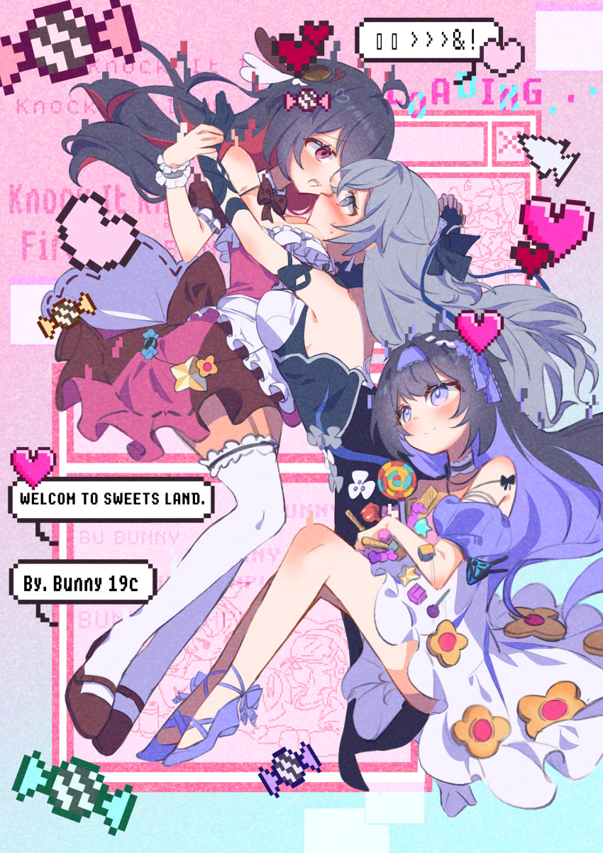 3girls, absurdres, ahoge, apron, black_gloves, black_hair, black_ribbon, blue_eyes