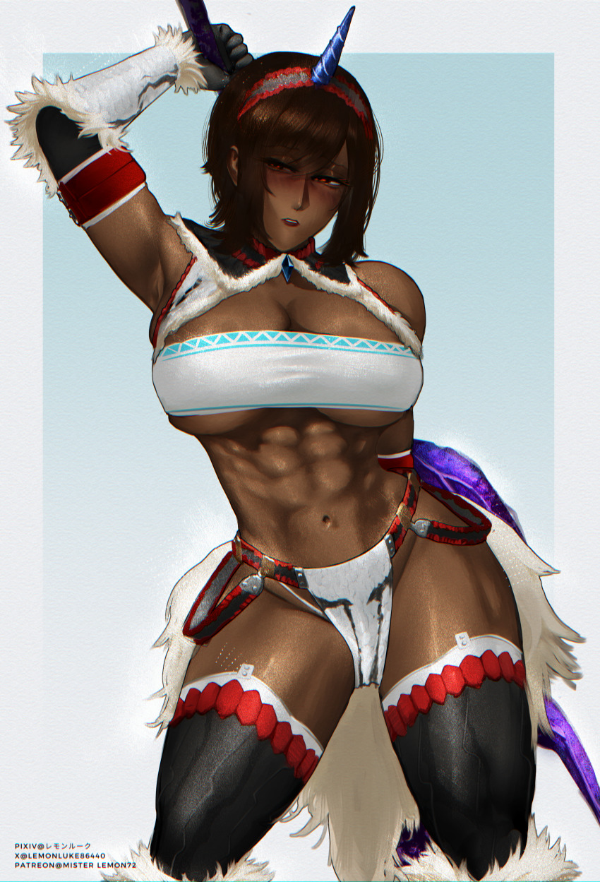 1girl, abs, absurdres, armor, armpits, bandeau, black_thighhighs, blush