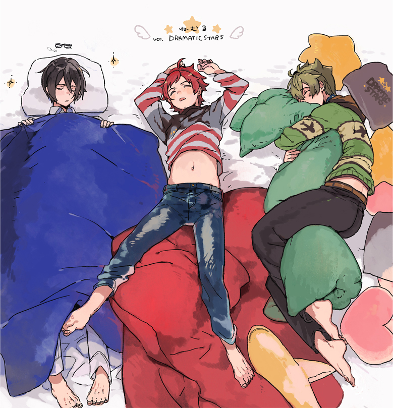 3boys, ahoge, arms_up, barefoot, black_pants, blonde_hair, blush, closed_eyes