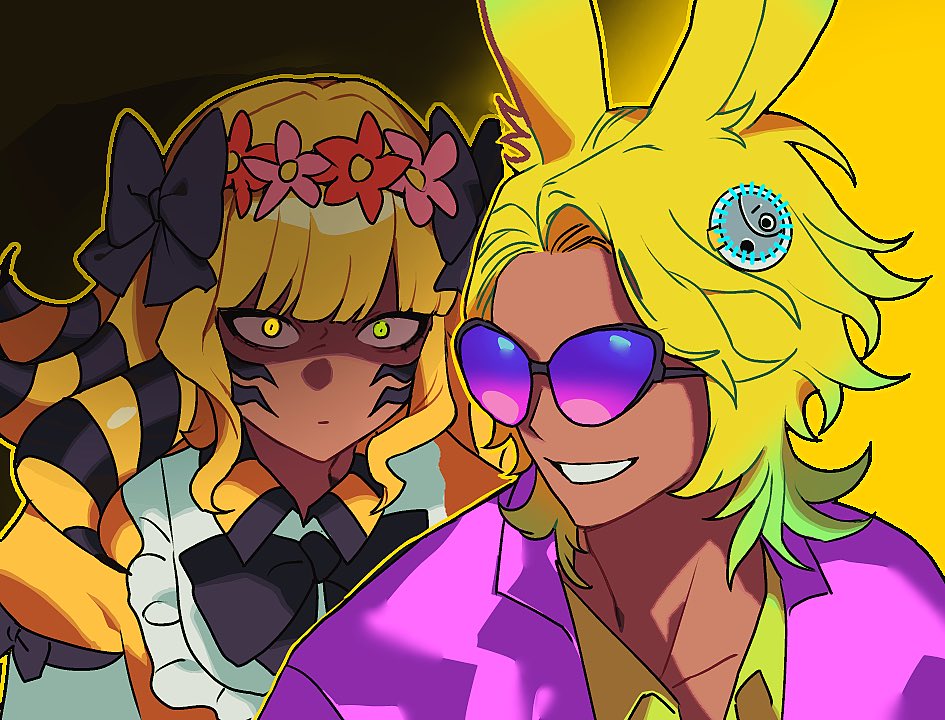 1boy, 1girl, angry, animal_ears, black_bow, black_bowtie, blonde_hair, bow, bowtie, commentary_request, constricted_pupils, dancing_green, eheeya_(ff14), facial_mark, final_fantasy, final_fantasy_xiv, flower, green_eyes, hair_bow, hair_flower, hair_ornament, honey_b._lovely, korean_commentary, multicolored_hair, outline, purple-tinted_eyewear, rabbit_ears, shaded_face, short_hair, sunglasses, tinted_eyewear, two-tone_background, two-tone_hair, viera, wjsqb_ff14, yellow_outline