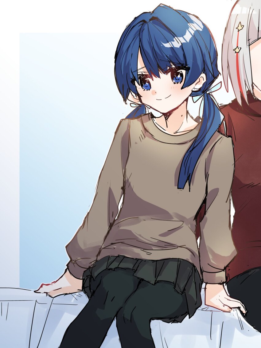 2girls, black_pants, black_pantyhose, black_skirt, blue_background, blue_eyes, blue_hair, blue_ribbon, blush, bob_cut, border, brown_sweater, closed_mouth, collarbone, commentary_request, diagonal_bangs, feet_out_of_frame, gradient_background, grey_hair, hair_ornament, hair_ribbon, highres, inverted_bob, kanduki_kamibukuro, link!_like!_love_live!, long_hair, long_sleeves, looking_at_viewer, love_live!, low_twintails, miniskirt, multicolored_hair, multiple_girls, murano_sayaka, murano_sayaka_(winter_casual), on_bed, outside_border, pants, pantyhose, pleated_skirt, red_hair, ribbon, short_hair, simple_background, sitting, skirt, smile, solo_focus, split_mouth, star_(symbol), star_hair_ornament, streaked_hair, sweater, twintails, virtual_youtuber, white_border, yugiri_tsuzuri, yugiri_tsuzuri_(winter_casual)