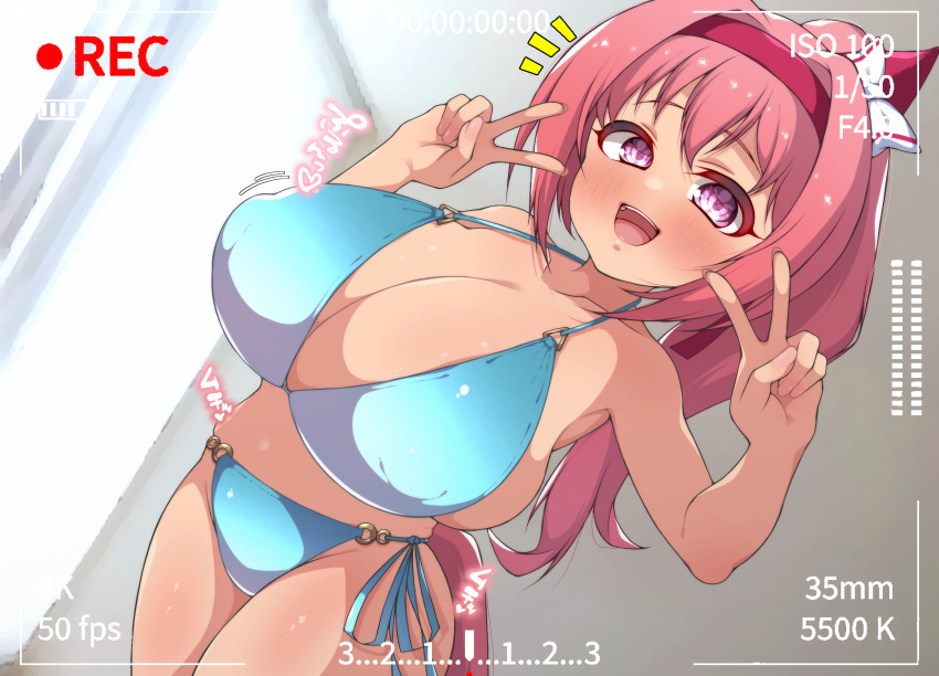 1girl, alternate_breast_size_(larger), aqua_bikini, battery_indicator, bikini, breasts, cleavage, commentary_request, double_v, hair_ornament, haru_urara_(umamusume), highres, horse_girl, horse_tail, huge_breasts, notice_lines, oppai_loli, pink_eyes, pink_hair, recording, solo, swimsuit, tail, to20ko2ko235353535, umamusume, v, viewfinder