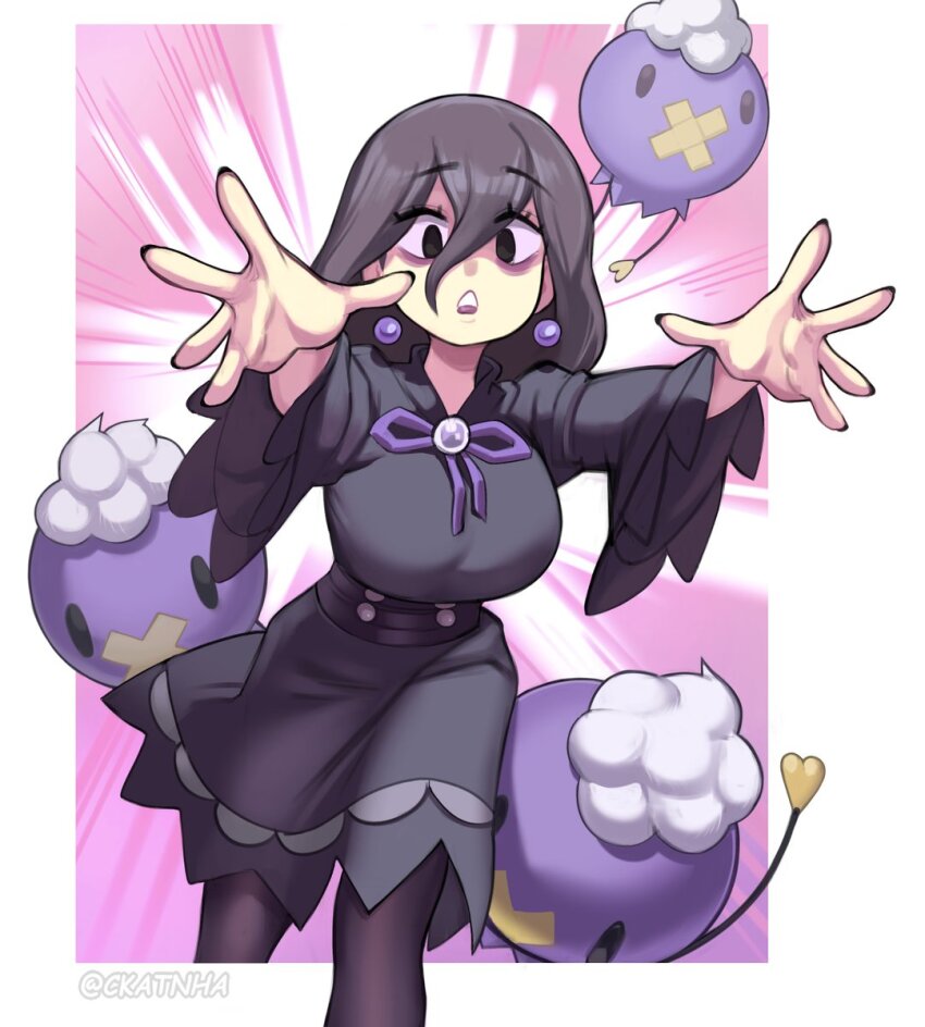 black_dress, black_eyes, black_hair, black_pantyhose, border, breasts, ckatnha, cowboy_shot