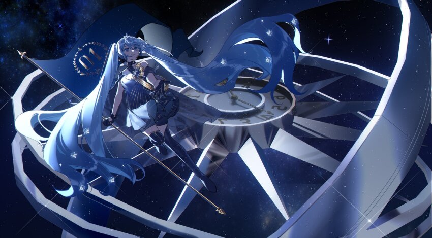 1girl, absurdly_long_hair, black_boots, black_choker, black_gloves, black_shorts, blue_dress, blue_hair